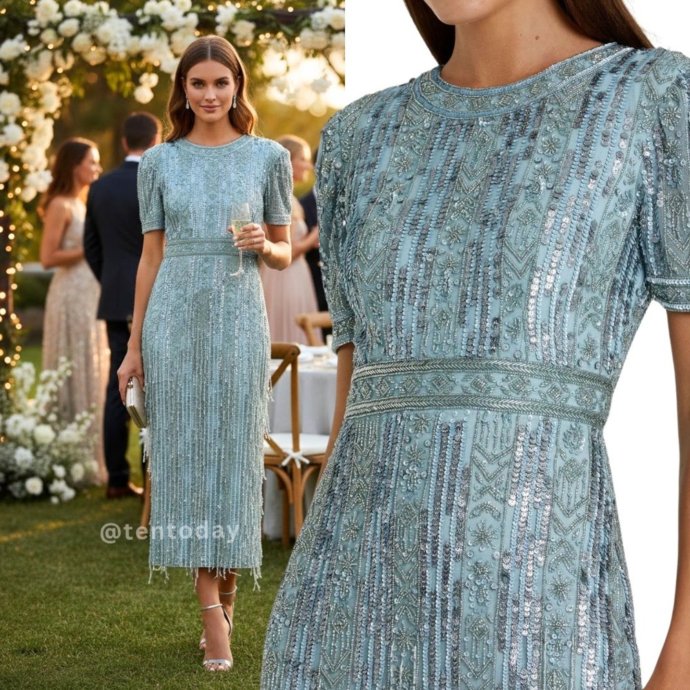 Mac Duggal‎ Size 8 Light Blue High Neck Short Sleeve Fringe Column Dress Gown